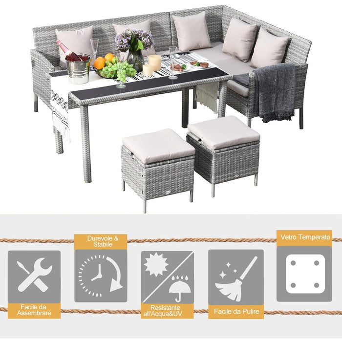 Stylish 6 Seat Garden Dining Set, Corner Sofa, Table & Stools