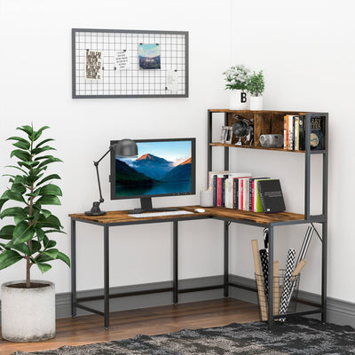 Industrial L Shaped Desk with Shelf, Brown Black Homcom