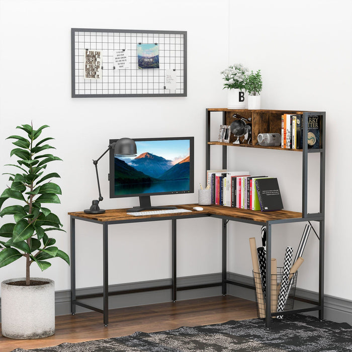 Industrial L Shaped Desk with Shelf, Brown Black
