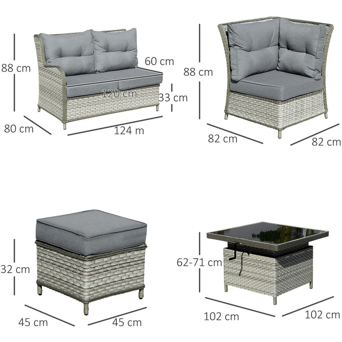 Rattan Corner Sofa With Height Adjustable Table, Grey