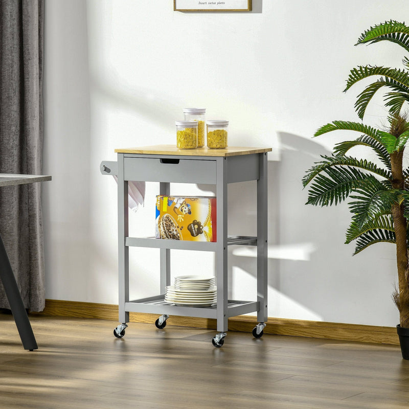 Grey Kitchen Trolley, Rubberwood Worktop, Storage