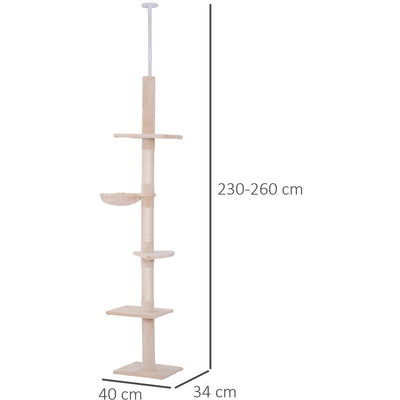 5-Tier Ceiling to Floor Cat Tree, Activity Centre, 230-260cm Pawhut