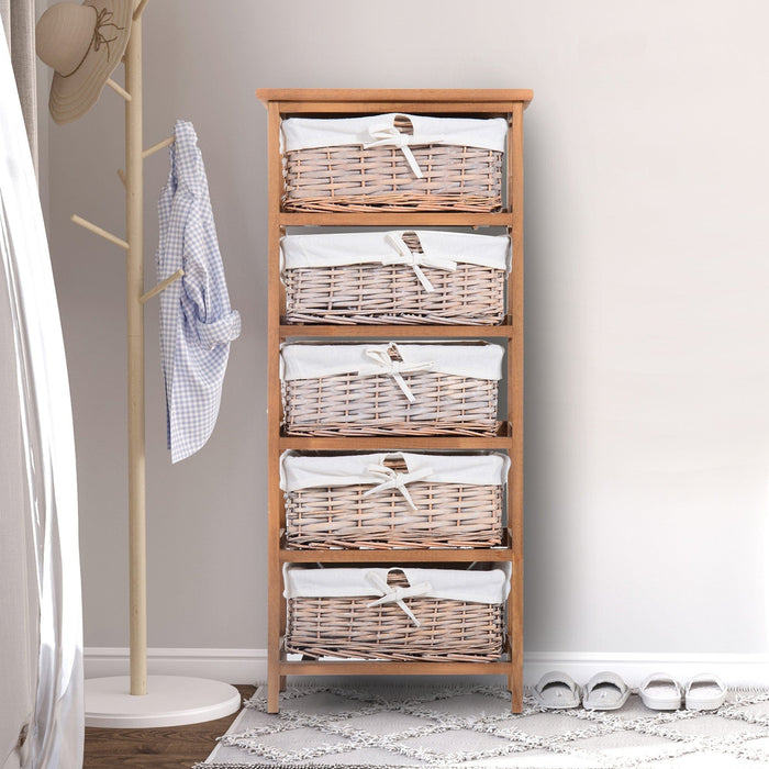 5 Drawer Wicker Basket Shelf, Wooden Frame, Bedroom/Office