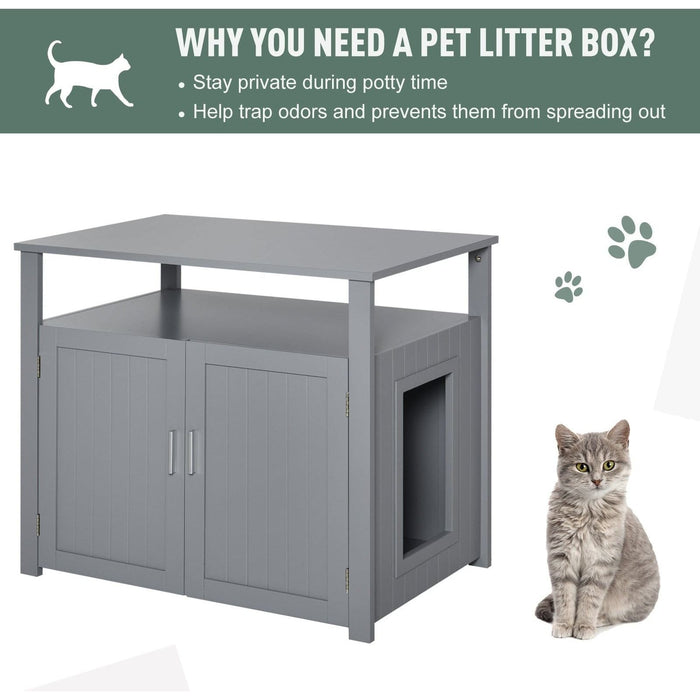 Grey Wooden Cat Litter Box Enclosure, Shelf, Double Doors