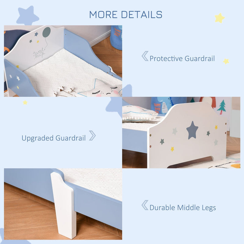 Kids Wooden Bed, Guardrails, Stars, 143x74x59cm, Blue