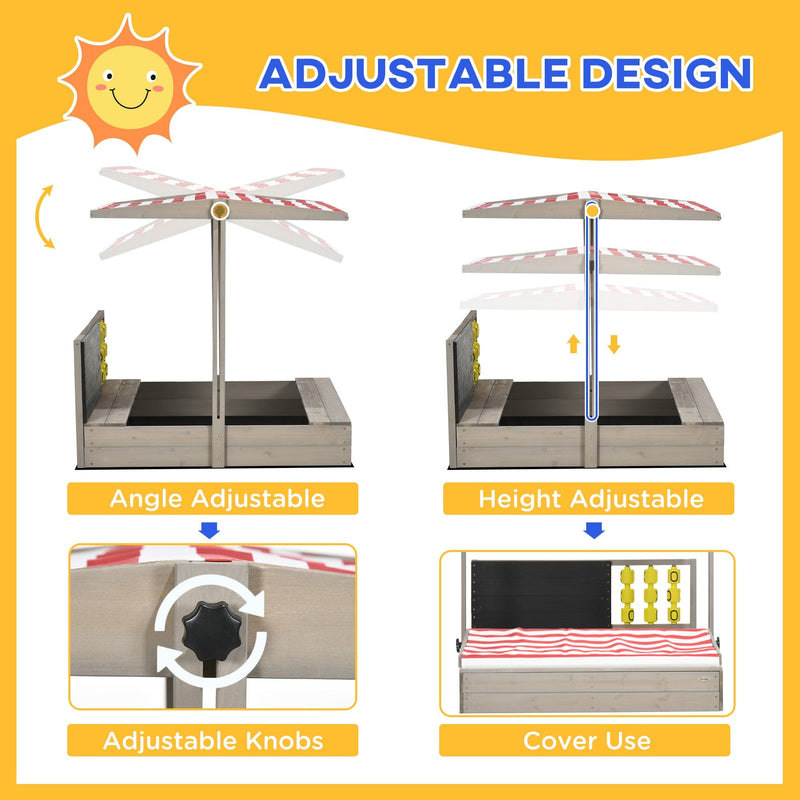 Outsunny Kids Wooden Sandpit, Sandbox with Canopy & Seats, for Gardens - Grey Outsunny