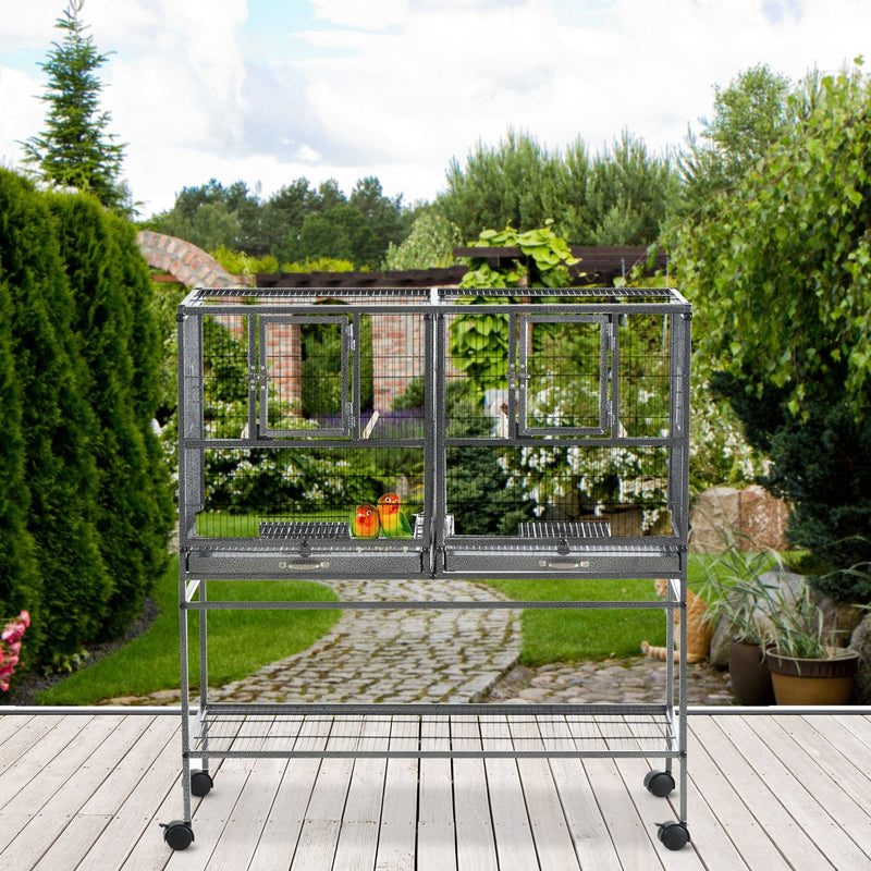 PawHut Double Rolling Metal Bird Cage Parrot Cage with Removable Metal Tray, Storage Shelf, Wood Perch, and Food Container Pawhut