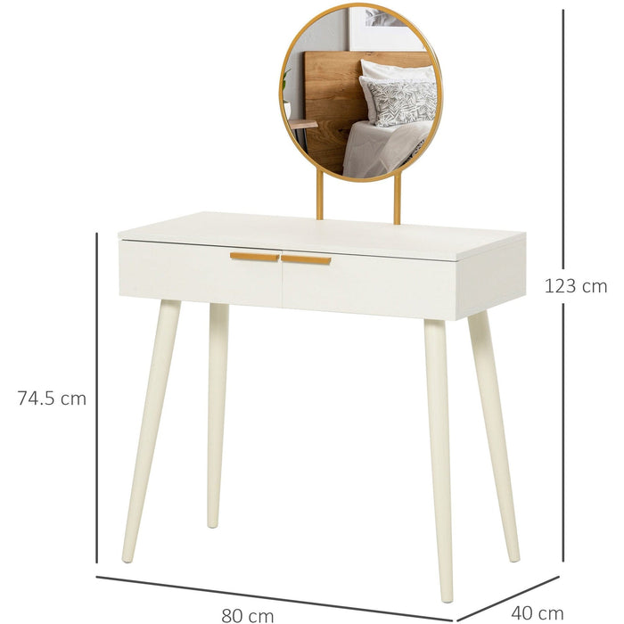 Modern Dressing Table With Round Mirror, 2 Drawers