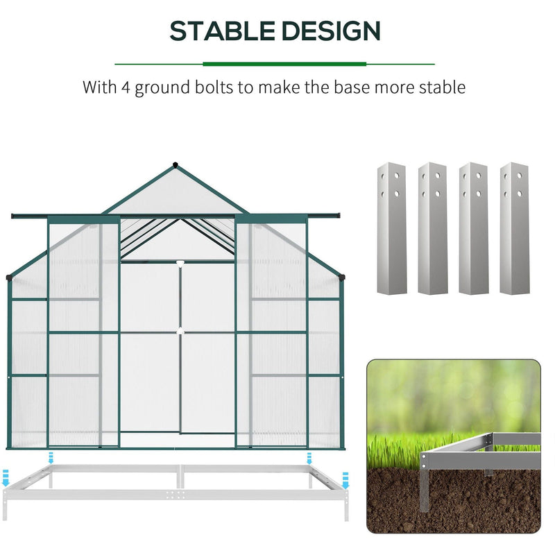 8x12ft Walk-in Polycarbonate Greenhouse Kit, Aluminium Frame