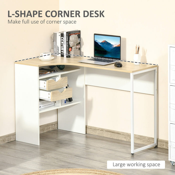 Corner Desk with Storage, Smooth Slide Drawer, Space Saving