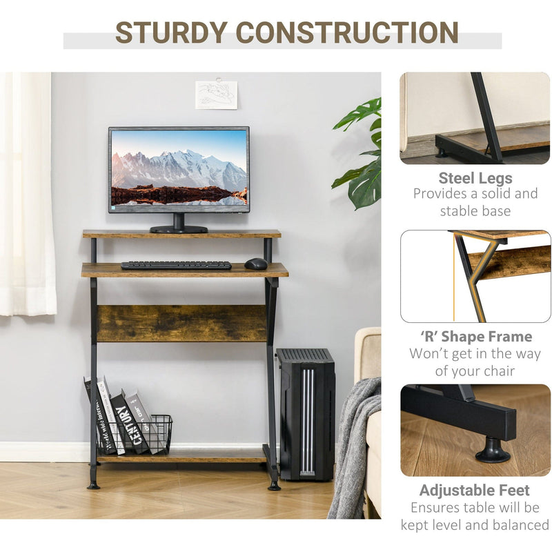R Shape Compact Desk with Monitor Shelf, Brown