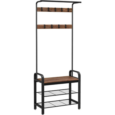 Industrial Hallway Coat Rack And Shoe Storage With Bench by Vasagle - black steel frame and shelves with rustic brown wooden bench. 9 coat hooks