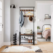 Industrial Hallway Coat Rack And Shoe Storage With Bench by Vasagle - black steel frame and shelves with rustic brown wooden bench. 9 coat hooks