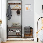 Industrial Hallway Coat Rack And Shoe Storage With Bench by Vasagle - black steel frame and shelves with rustic brown wooden bench. 9 coat hooks