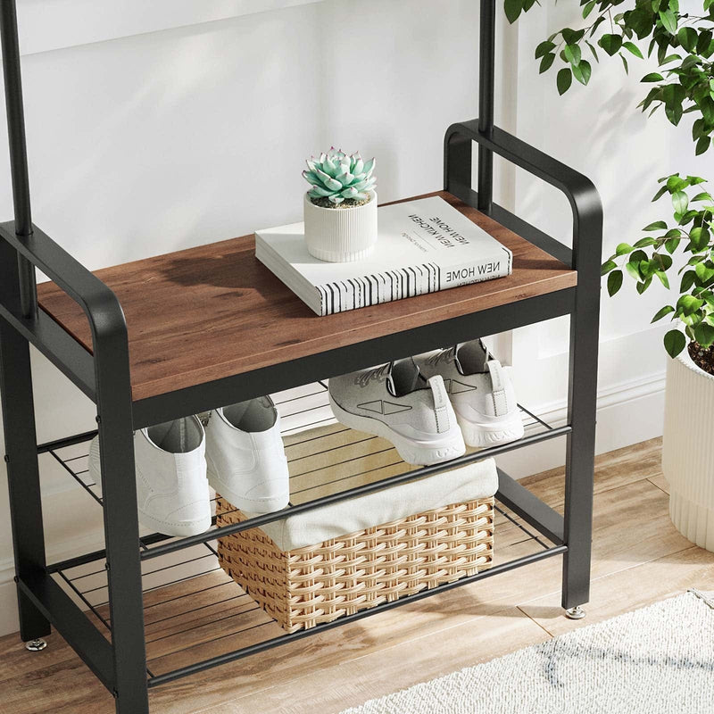 Industrial Hallway Coat Rack And Shoe Storage With Bench by Vasagle - black steel frame and shelves with rustic brown wooden bench. 9 coat hooks