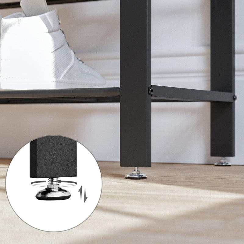 Industrial Hallway Coat Rack And Shoe Storage With Bench by Vasagle - black steel frame and shelves with rustic brown wooden bench. 9 coat hooks