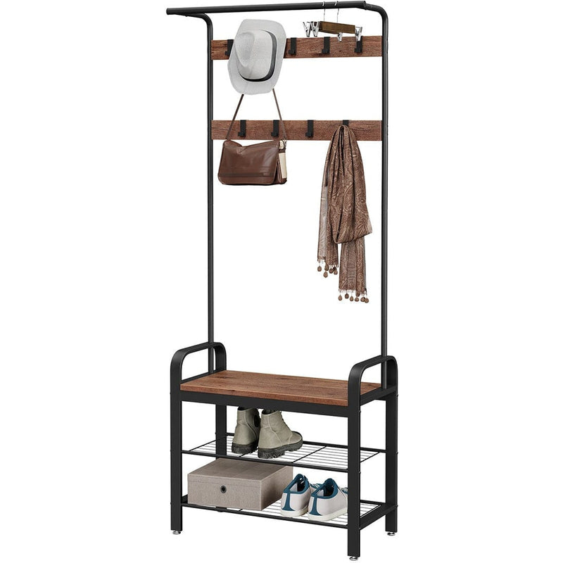 Industrial Hallway Coat Rack And Shoe Storage With Bench by Vasagle - black steel frame and shelves with rustic brown wooden bench. 9 coat hooks