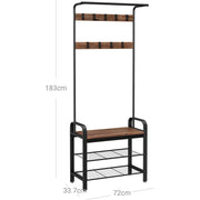 Industrial Hallway Coat Rack And Shoe Storage With Bench by Vasagle - black steel frame and shelves with rustic brown wooden bench. 9 coat hooks