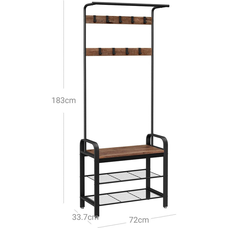 Industrial Hallway Coat Rack And Shoe Storage With Bench by Vasagle - black steel frame and shelves with rustic brown wooden bench. 9 coat hooks