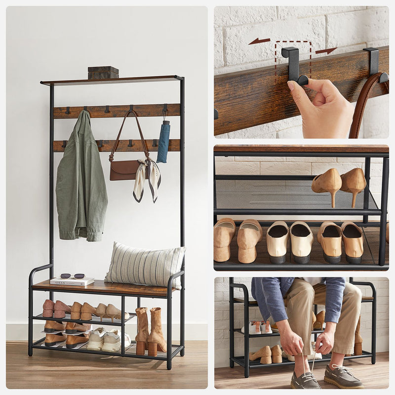 VASAGLE Industrial Coat Rack with Shoe Bench - for clutter free hallways