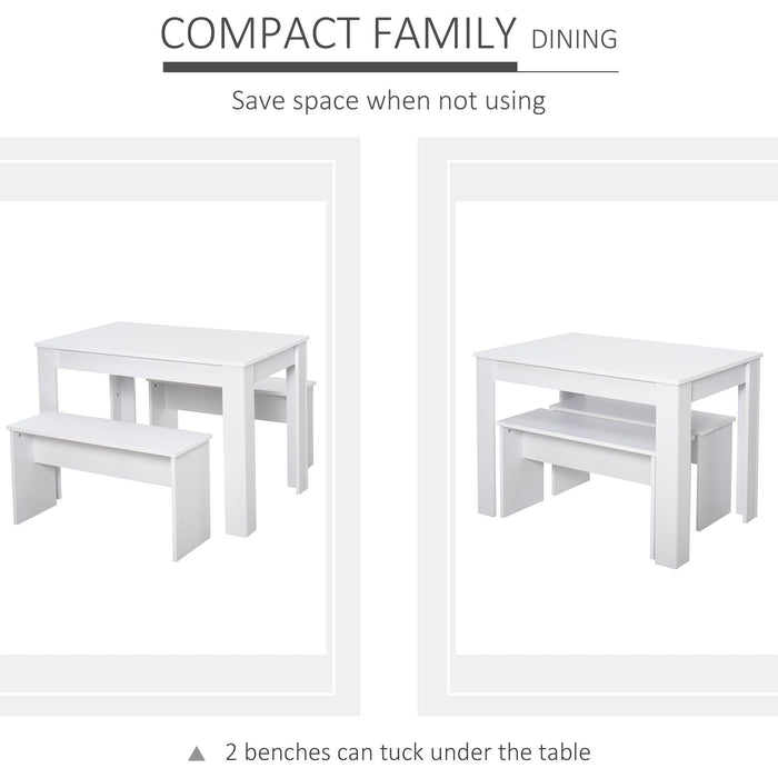Kitchen Dining Table, 2 Benches Set, White, Space-Saver