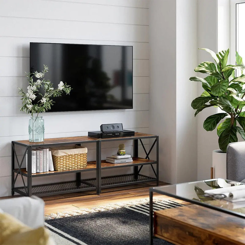 Industrial TV Unit for 60 Inch TV by Vasagle - 140cm wide with two large open shelves for storage