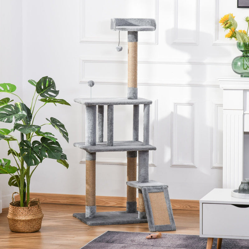 142cm Cat Tree, Climbing Centre, Jute Post, Condo, Grey