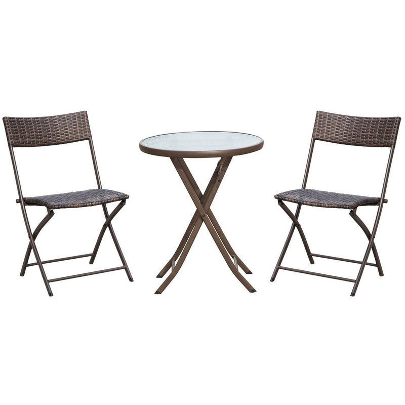 2 Seater Rattan Bistro Set with Glass Coffee Table - Brown