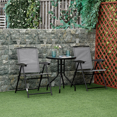 Folding Patio Bistro Set, 2 Folding Chairs, Glass Table, Grey Outsunny