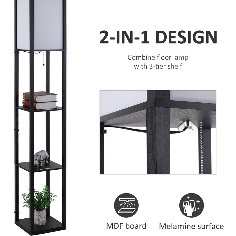 Wooden Floor Lamp With Shelves, Black