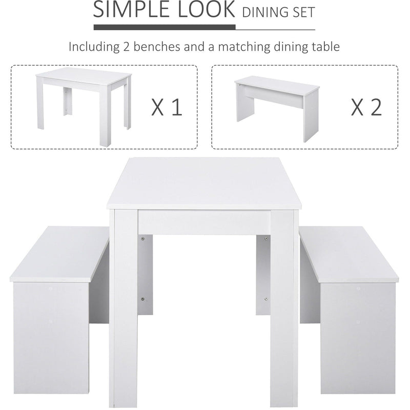 Kitchen Dining Table, 2 Benches Set, White, Space-Saver