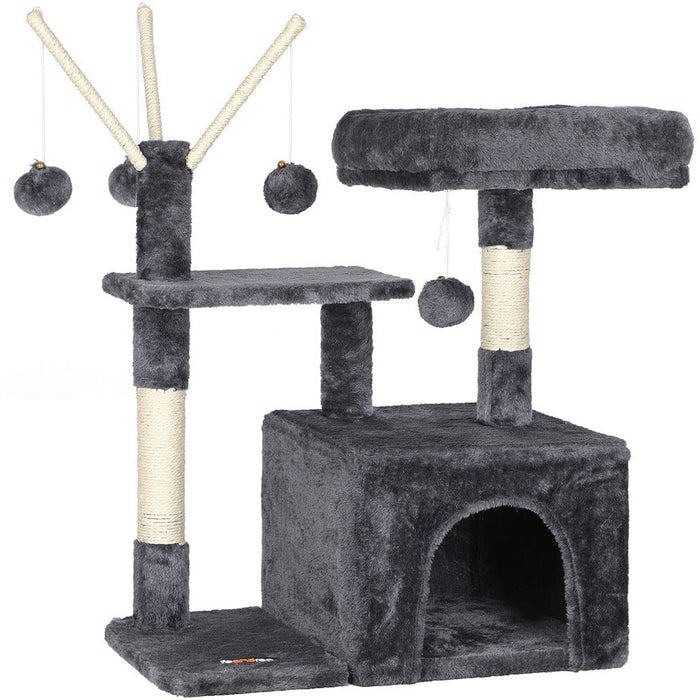 3-Level Grey Cat Tree with 3 Pompoms