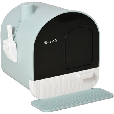 Green Cat Litter Box w/ Hood, Scoop, Filter, Flap Door Pawhut