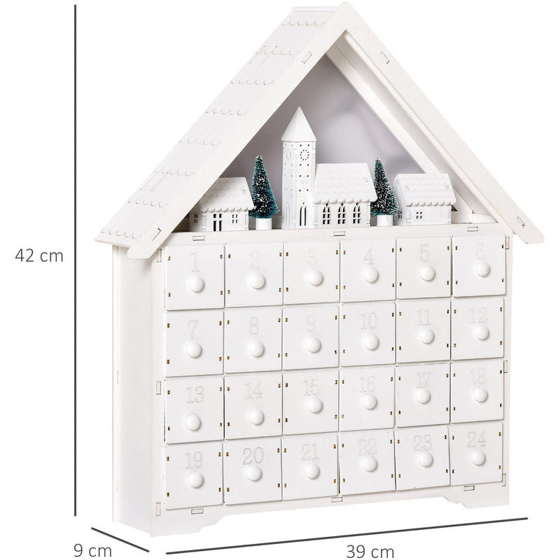 Christmas Advent Calendar, Light Up Table Xmas Wooden House Holiday Decoration with Countdown Drawer, Village, for kids Adults, White