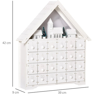 Christmas Advent Calendar, Light Up Table Xmas Wooden House Holiday Decoration with Countdown Drawer, Village, for kids Adults, White AOSOM