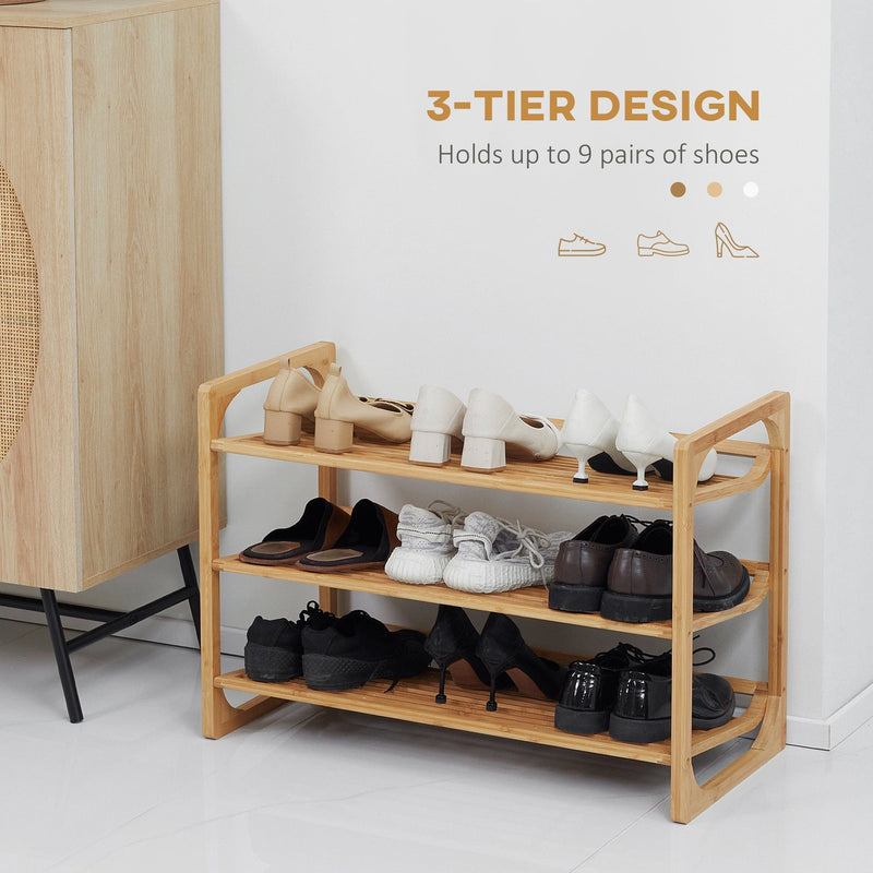 Bamboo 3-Tier Shoe Rack: Slatted, Holds 9 Pairs