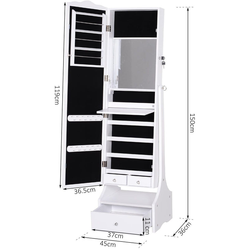 Mirrored Jewelry Cabinet, Full-Length Mirror, Flip-Over Shelf, Lock, White