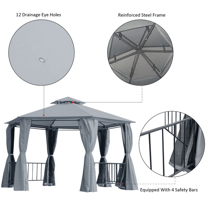 Hexagonal Metal Frame Gazebo With Sides, 3x3m