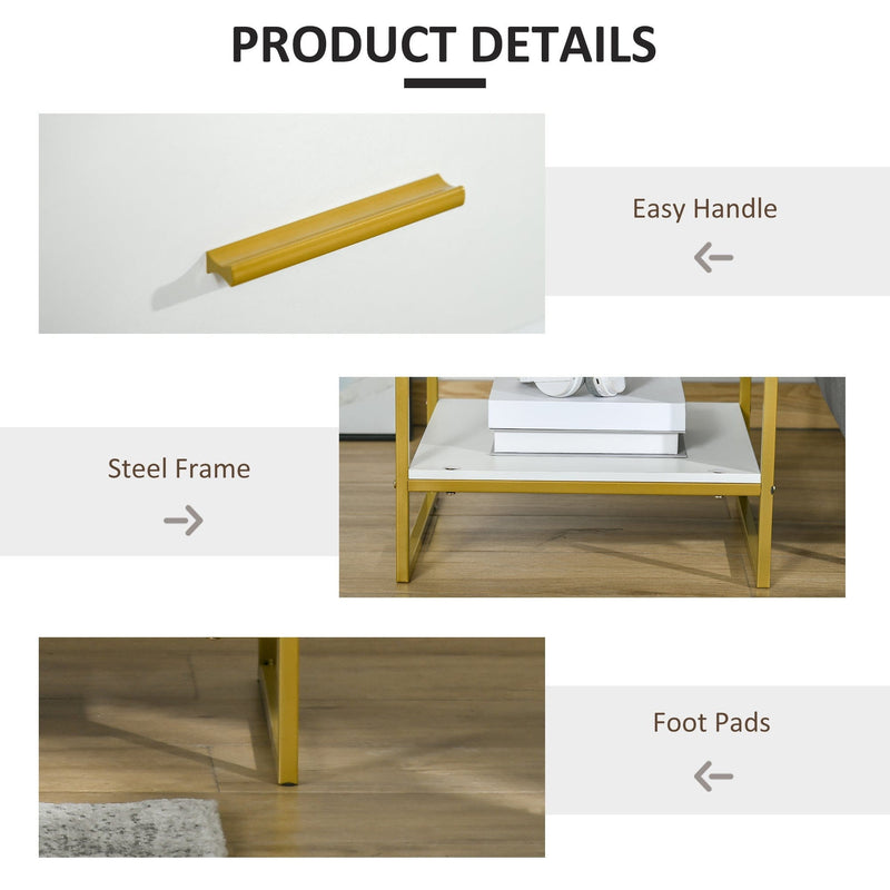 Modern Bedside Table With Drawer, White and Gold