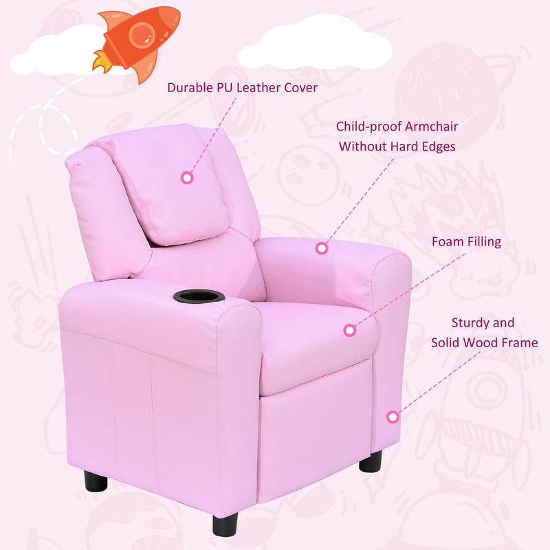 Childs Recliner Chair with Cup Holder - Pink