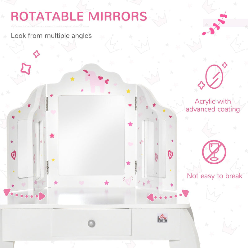 Kids Dressing Table and Stool Set with Mirror, White