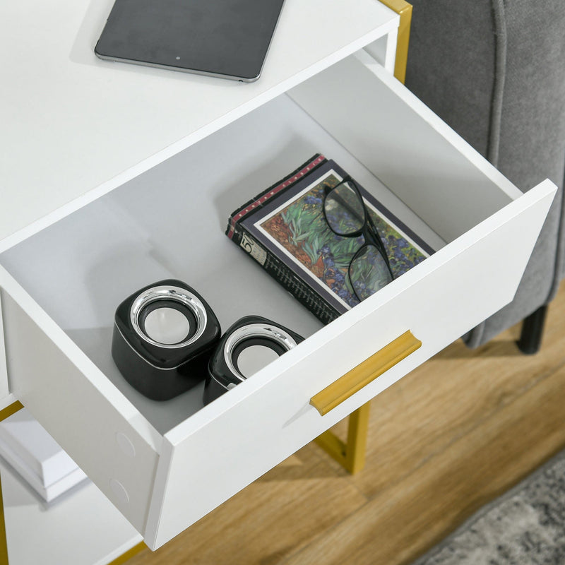 Modern Bedside Table With Drawer, White and Gold