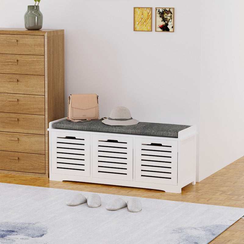 Shoe Storage Bench With Cushion and Drawers - White/Grey
