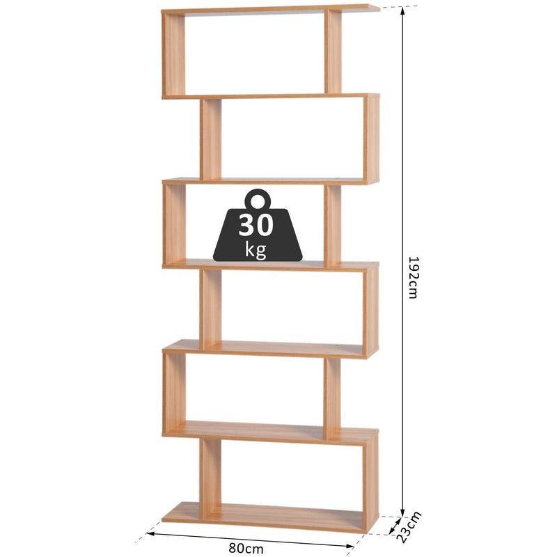 Wooden S Shape Storage Display, 6 Shelves, Room Divider