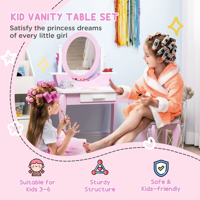 Pink Kids Vanity: Dressing Table, Mirror, Stool, Round Legs