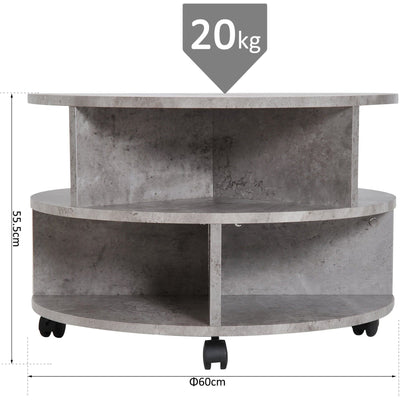 Round Side Table with Shelves and Wheels, Cement Colour Homcom