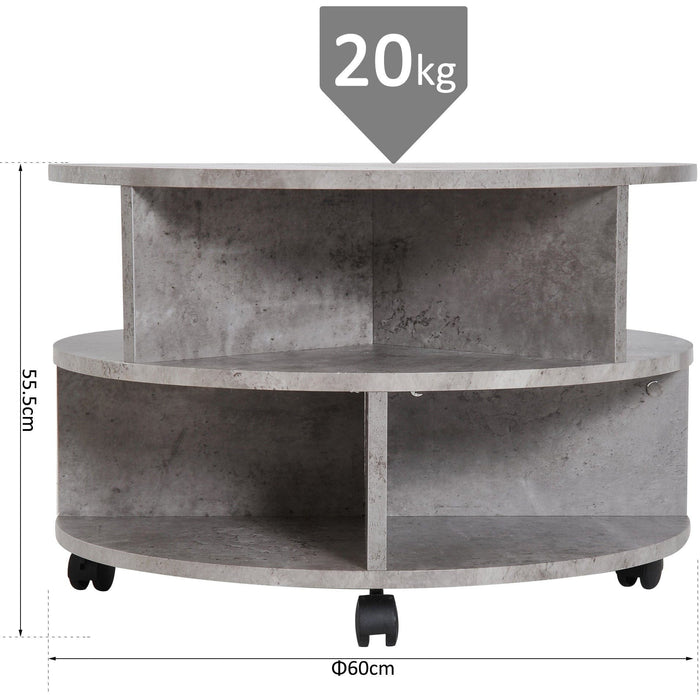 Round Side Table with Shelves and Wheels, Cement Colour