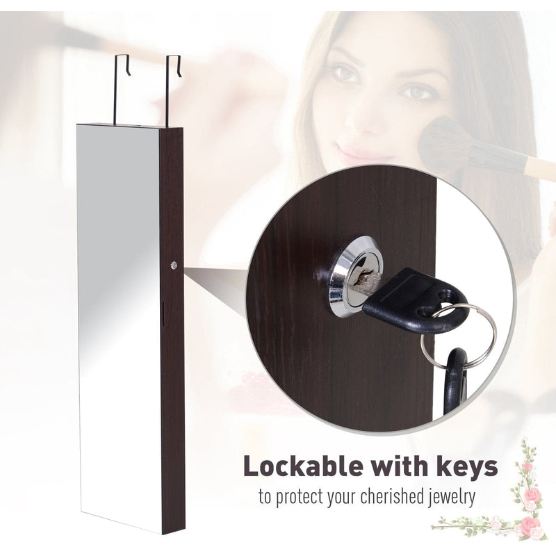 Mirrored Jewelry Cabinet, Door/Wall Mount, LED Lights, Lockable