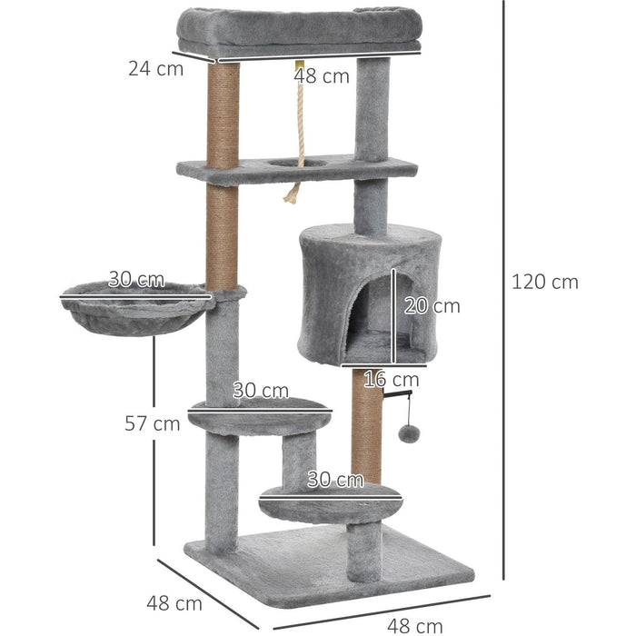 Grey Cat Tree, Climbing Centre, Jute Post, Hammock, 120cm