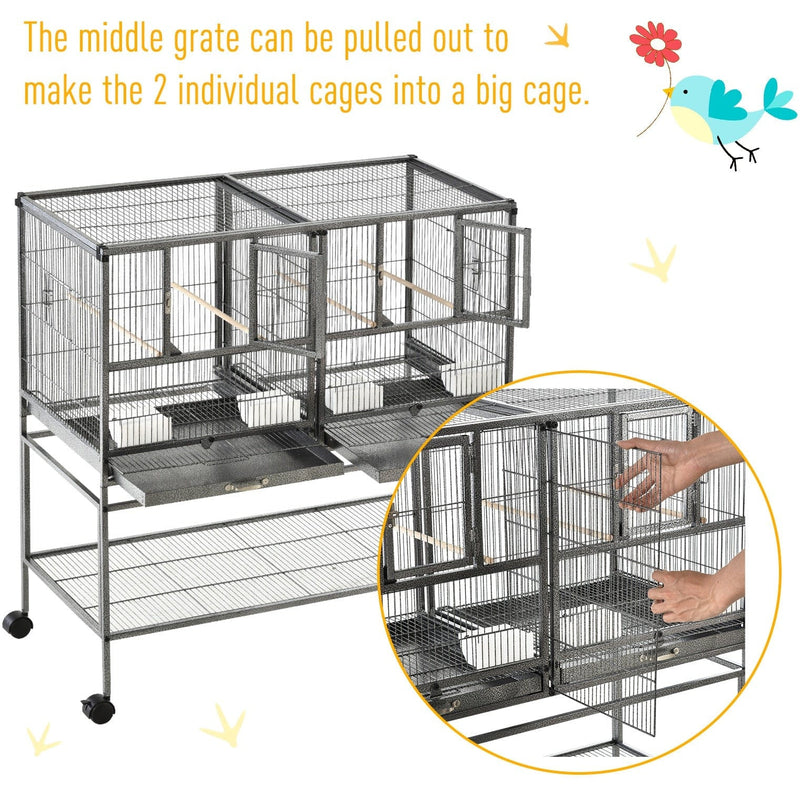 PawHut Double Rolling Metal Bird Cage Parrot Cage with Removable Metal Tray, Storage Shelf, Wood Perch, and Food Container Pawhut